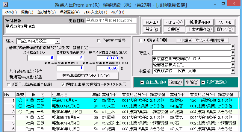 「並び替え－新規先頭・生年月日の若い順」実行後