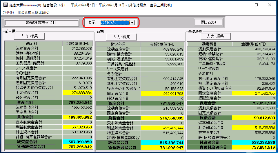 「貸借対照表－直前三期比較」画面 「合計のみ」表示